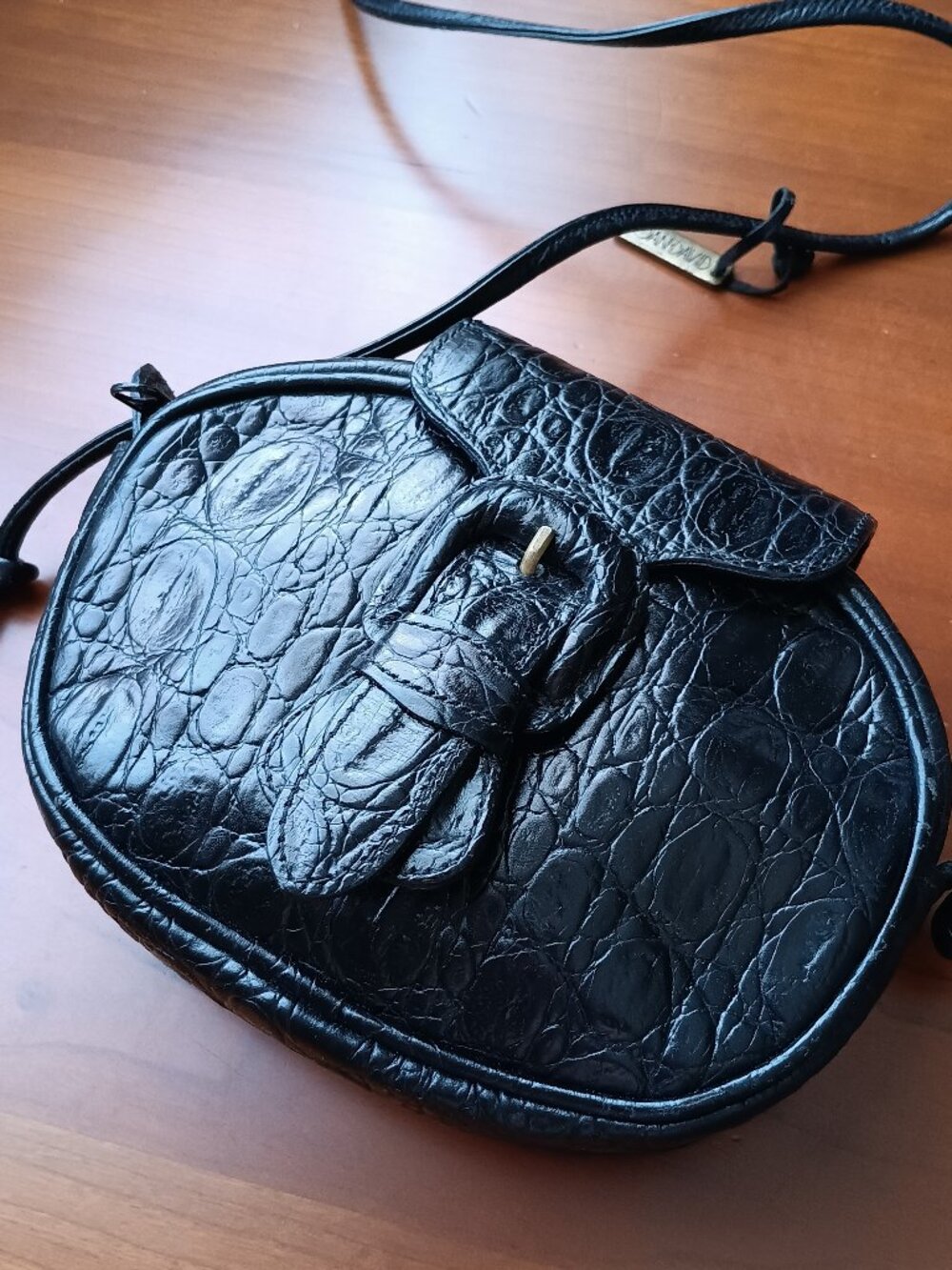 Vintage Joan&David Black Leather Croc Embossed Bag VERSATILE Crossbody/Shoulder